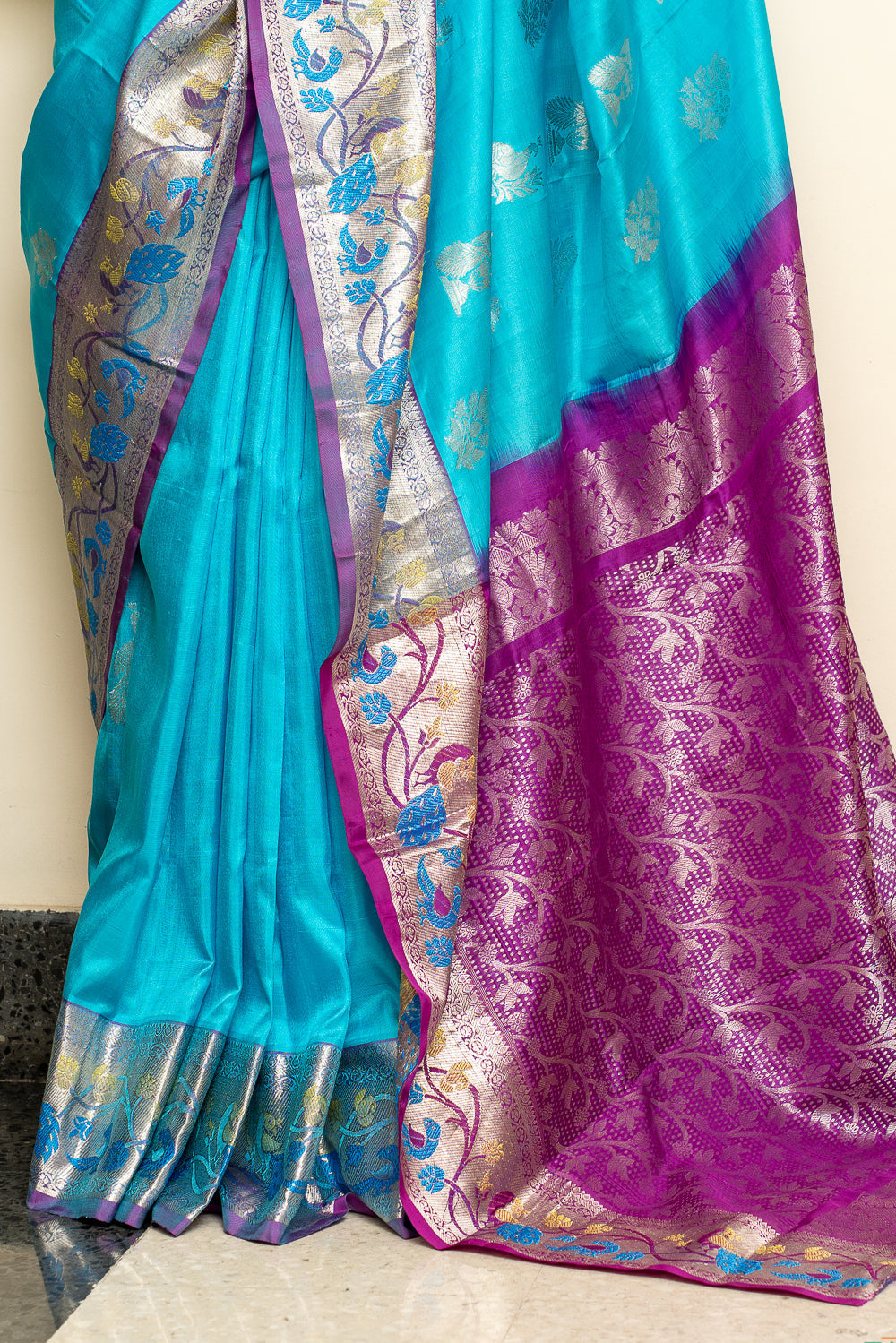 Sky Blue Venkatgiri Silk Saree Ambar | SILK MARK CERTIFIED | SHOBITAM
