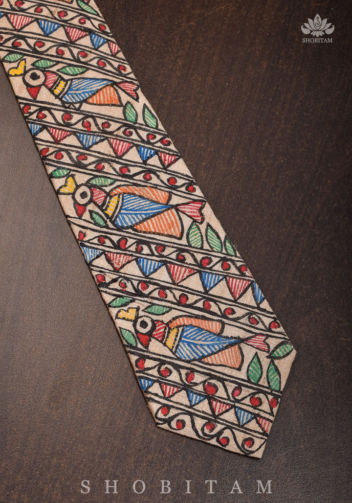 Men's Tie in Pure Tussar Silk with Madhubani Hand Painting | SILK MARK CERTIFIED