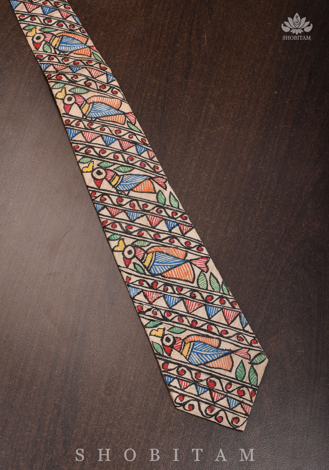 Men's Tie in Pure Tussar Silk with Madhubani Hand Painting | SILK MARK CERTIFIED