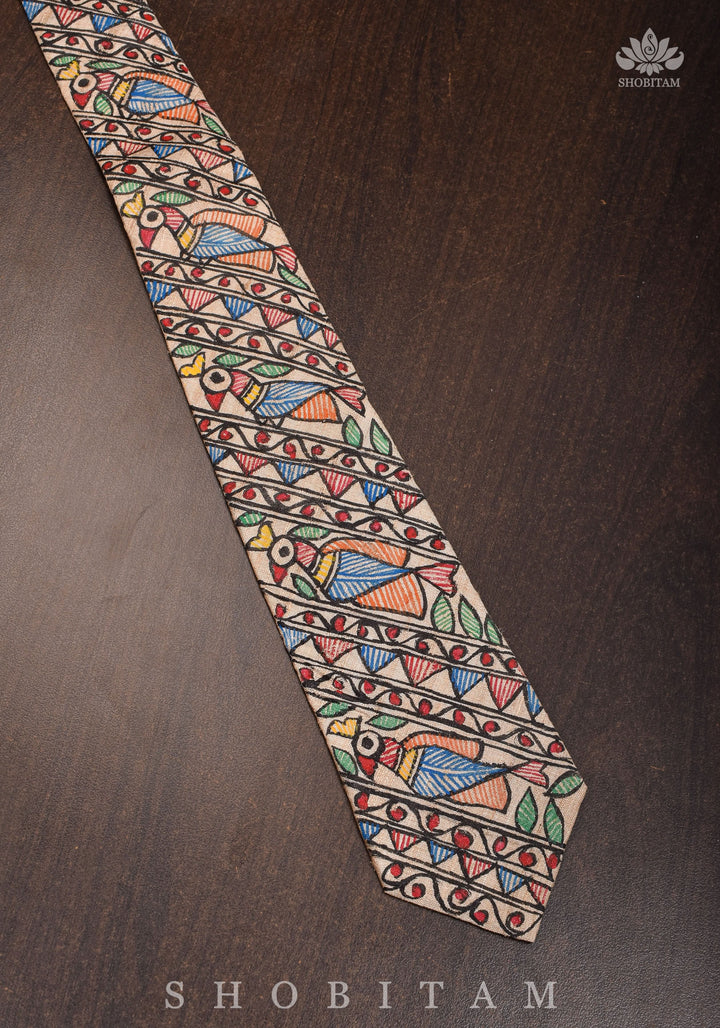 Men's Tie in Pure Tussar Silk with Madhubani Hand Painting | SILK MARK CERTIFIED