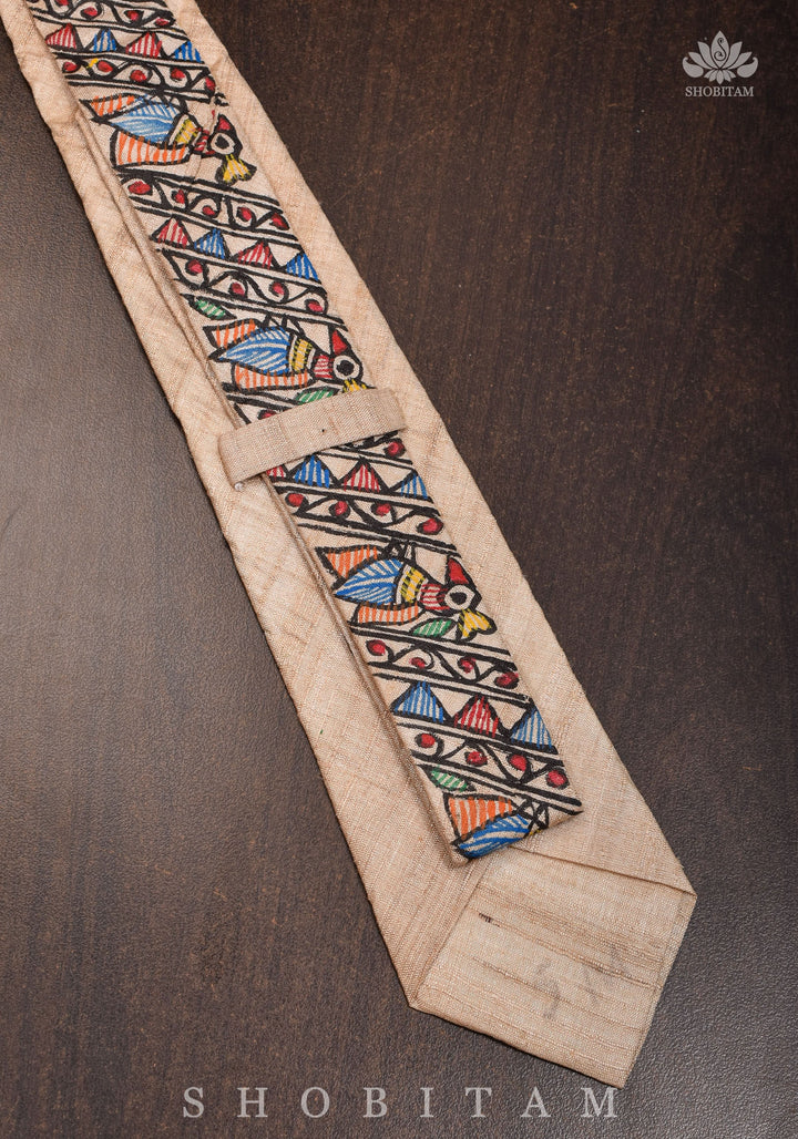 Men's Tie in Pure Tussar Silk with Madhubani Hand Painting | SILK MARK CERTIFIED