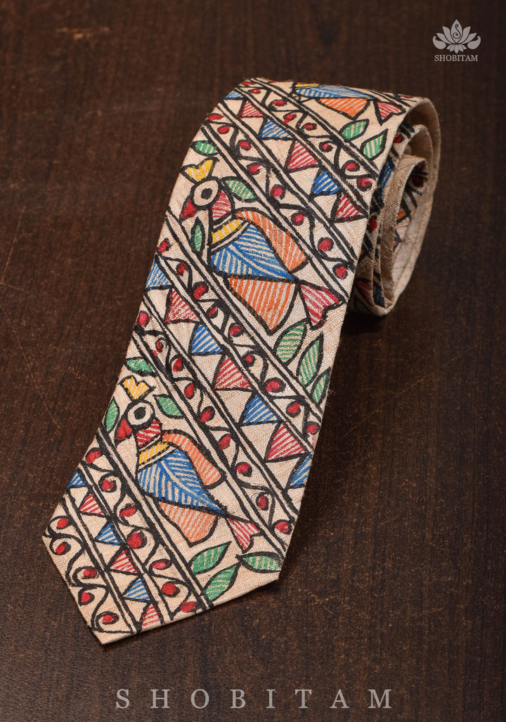 Men's Tie in Pure Tussar Silk with Madhubani Hand Painting | SILK MARK CERTIFIED