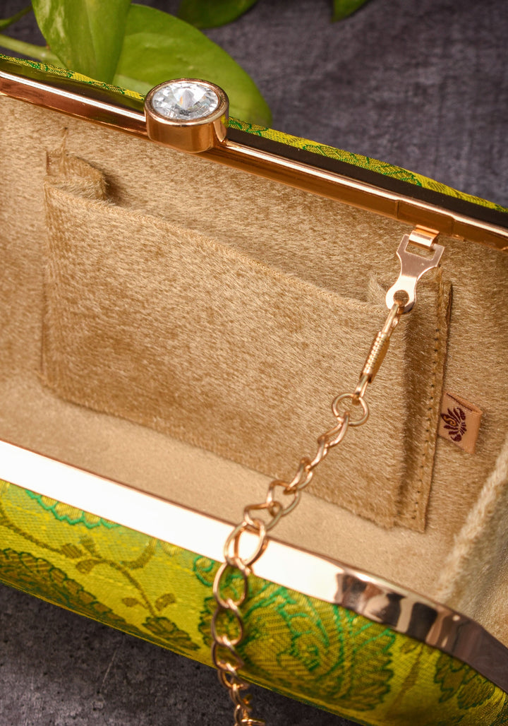 100% Pure Silk Brocade Kanjivaram Clutch in Dual Tone Lime Green