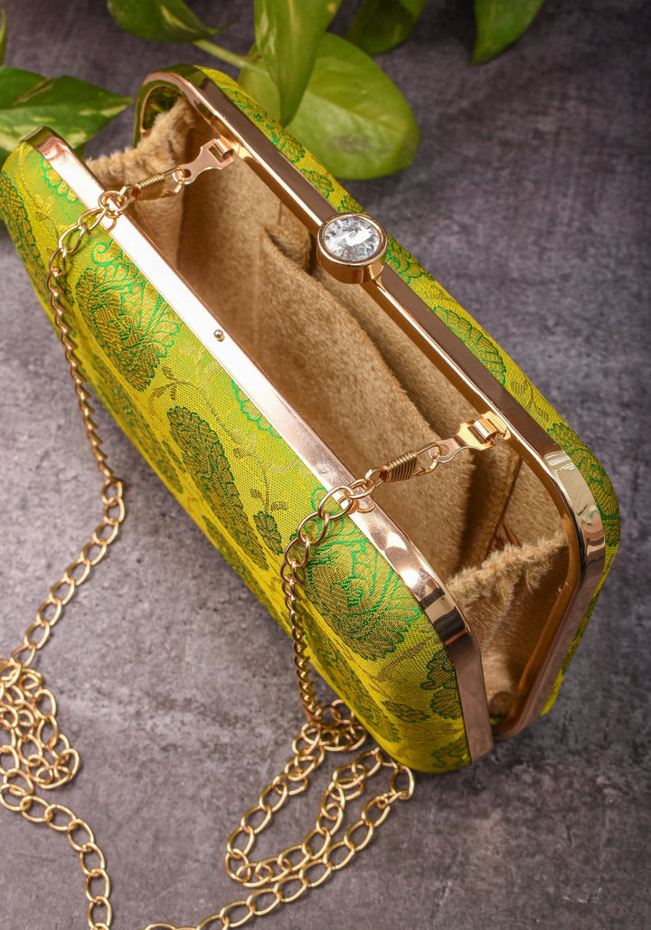 100% Pure Silk Brocade Kanjivaram Clutch in Dual Tone Lime Green