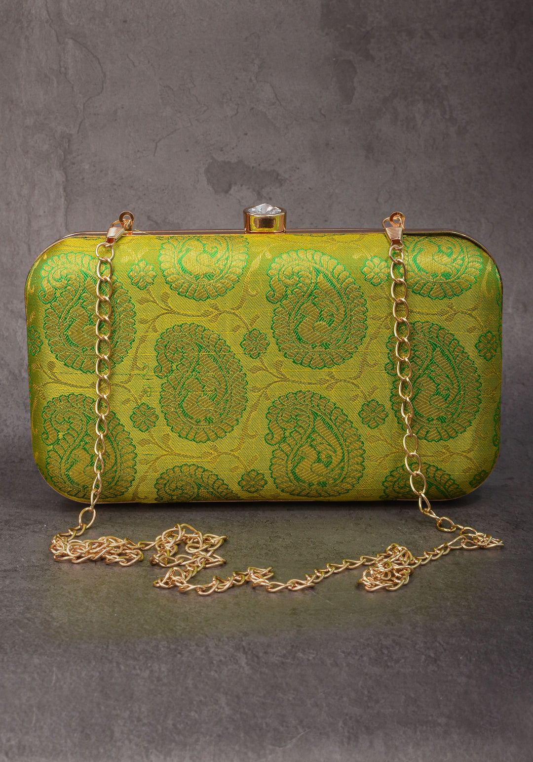 100% Pure Silk Brocade Kanjivaram Clutch in Dual Tone Lime Green