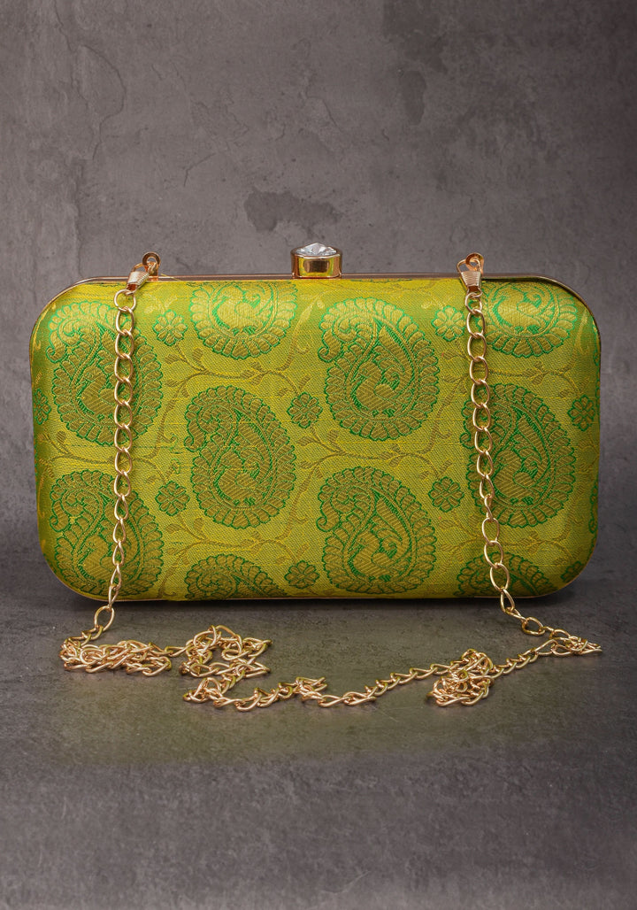 100% Pure Silk Brocade Kanjivaram Clutch in Dual Tone Lime Green