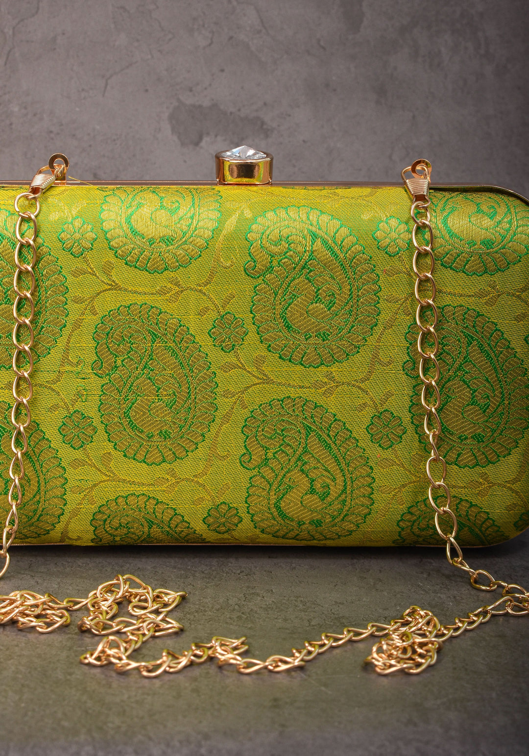 100% Pure Silk Brocade Kanjivaram Clutch in Dual Tone Lime Green