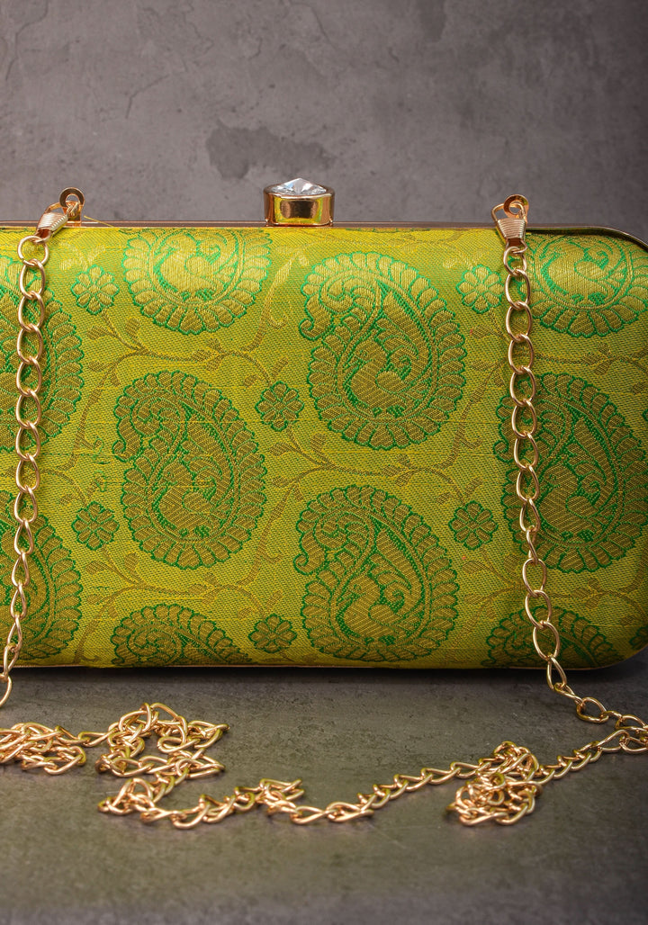 100% Pure Silk Brocade Kanjivaram Clutch in Dual Tone Lime Green