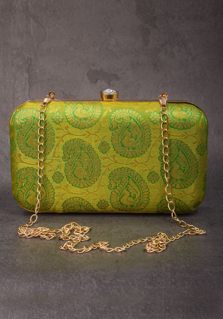 100% Pure Silk Brocade Kanjivaram Clutch in Dual Tone Lime Green