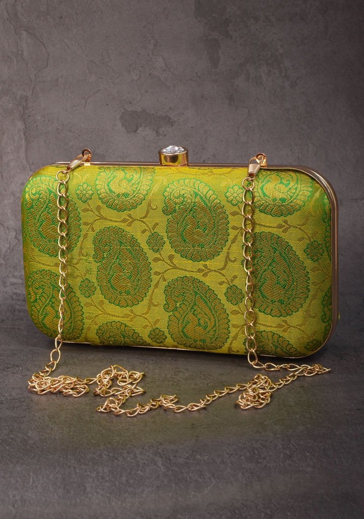 100% Pure Silk Brocade Kanjivaram Clutch in Dual Tone Lime Green