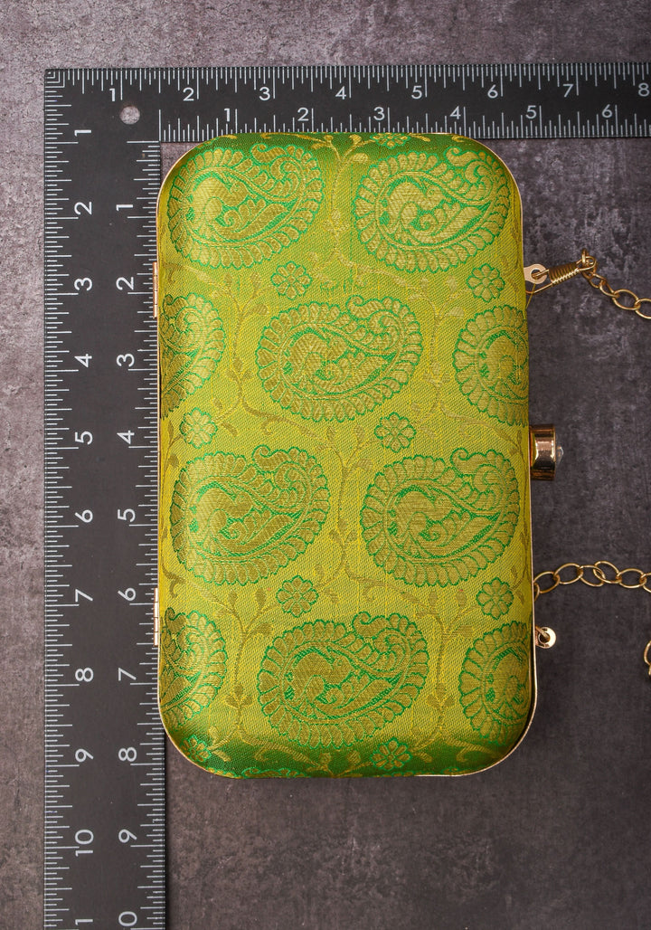 100% Pure Silk Brocade Kanjivaram Clutch in Dual Tone Lime Green