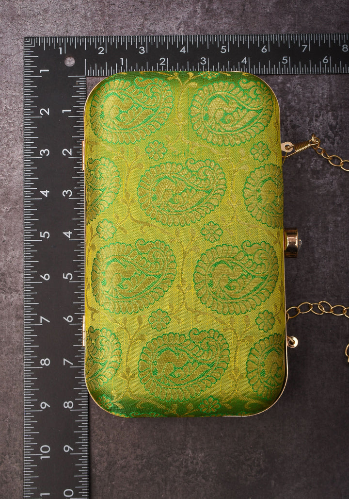 100% Pure Silk Brocade Kanjivaram Clutch in Dual Tone Lime Green