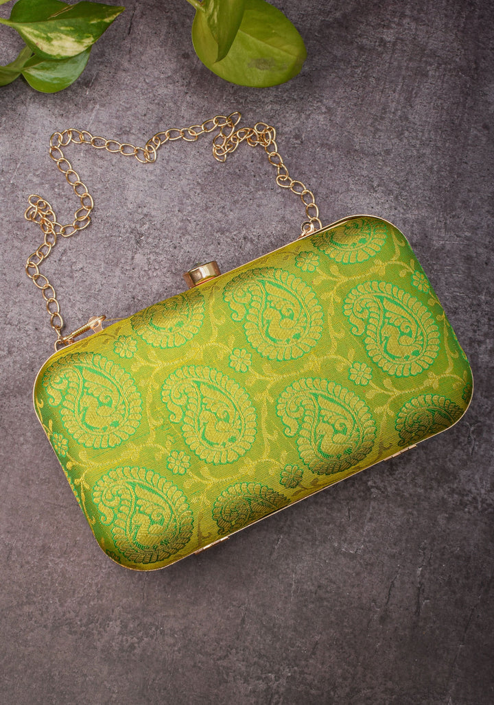 100% Pure Silk Brocade Kanjivaram Clutch in Dual Tone Lime Green