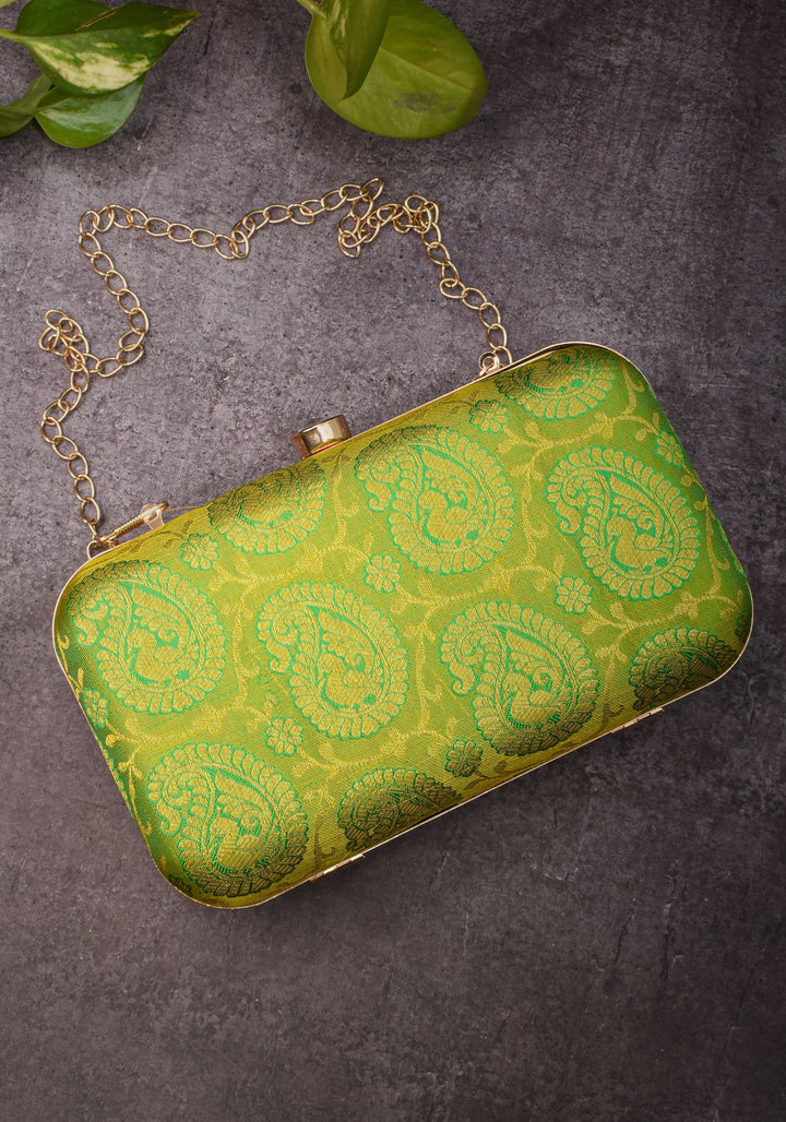 100% Pure Silk Brocade Kanjivaram Clutch in Dual Tone Lime Green