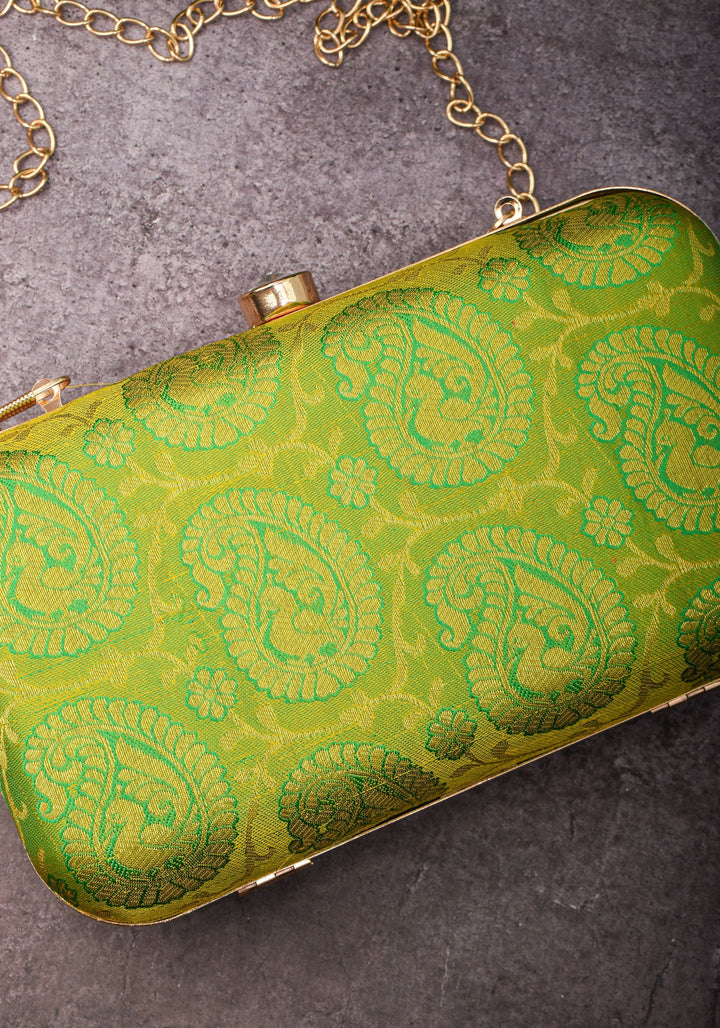 100% Pure Silk Brocade Kanjivaram Clutch in Dual Tone Lime Green