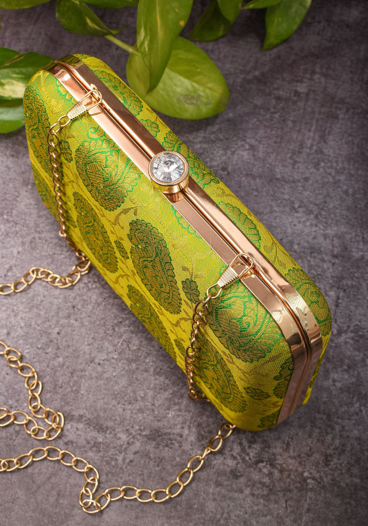 100% Pure Silk Brocade Kanjivaram Clutch in Dual Tone Lime Green