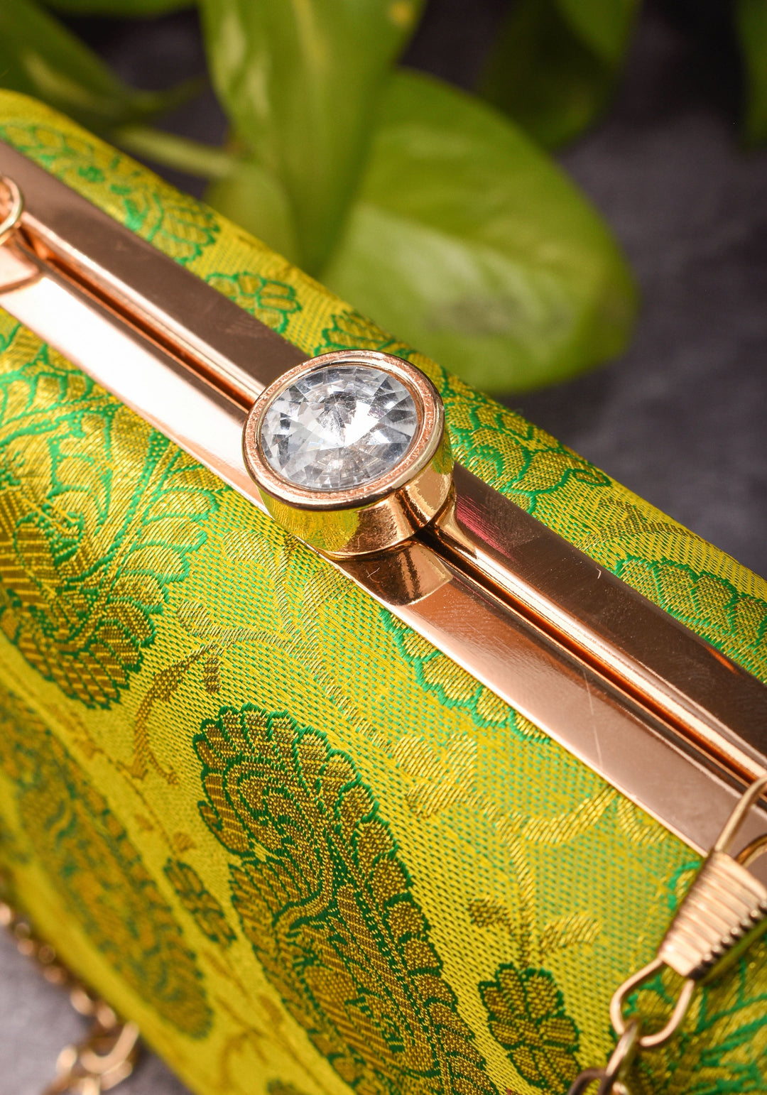 100% Pure Silk Brocade Kanjivaram Clutch in Dual Tone Lime Green