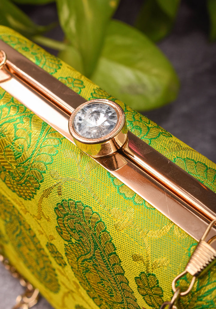 100% Pure Silk Brocade Kanjivaram Clutch in Dual Tone Lime Green