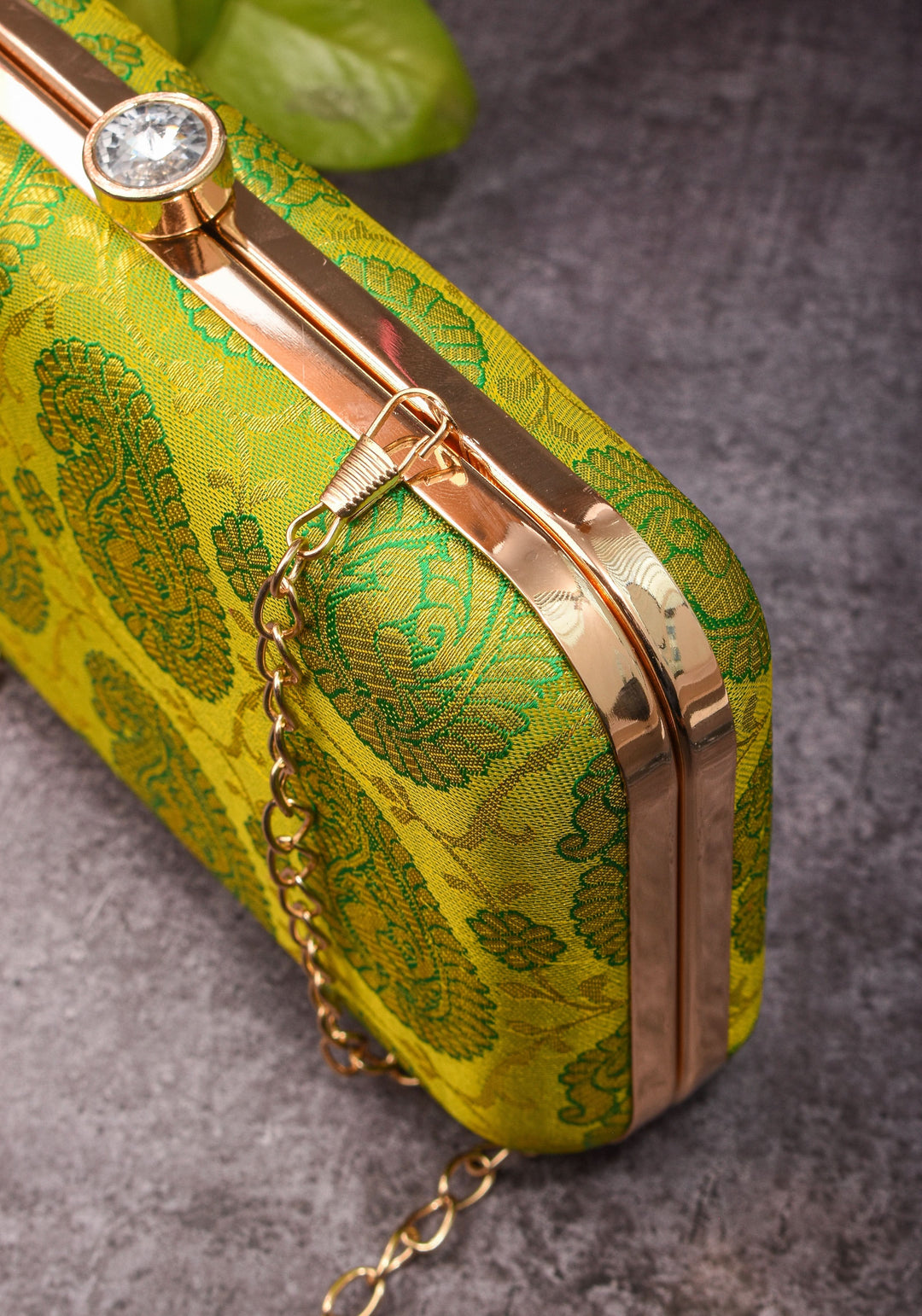 100% Pure Silk Brocade Kanjivaram Clutch in Dual Tone Lime Green