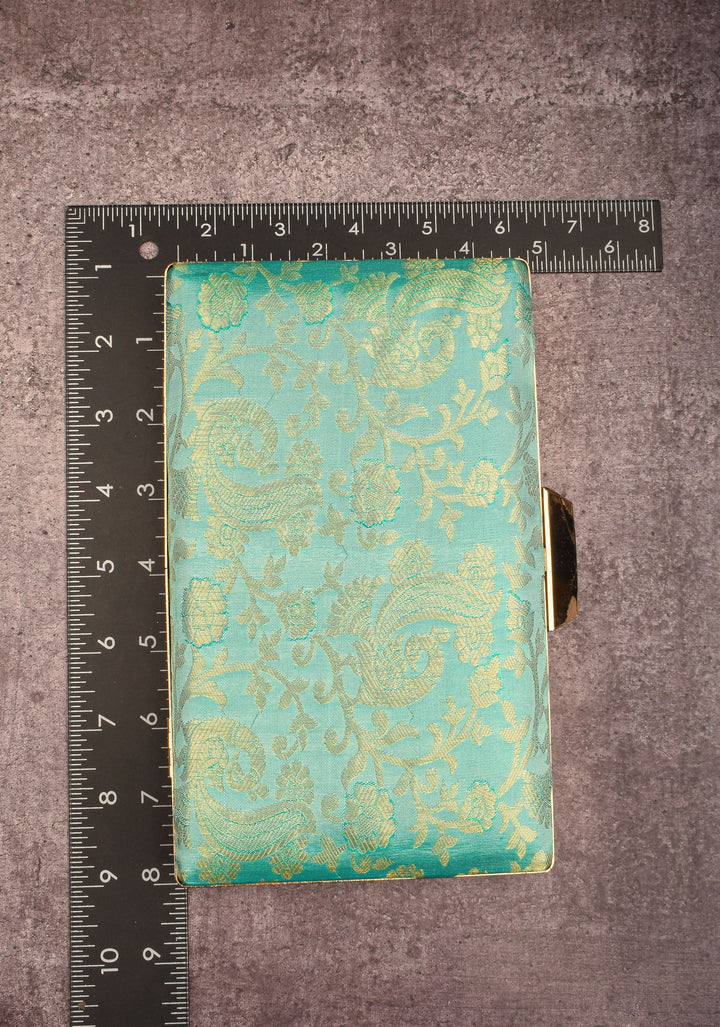 Teal 100% Pure Silk Brocade Kanjivaram Clutch with Jaal Pattern
