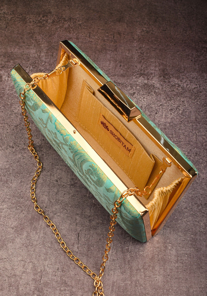 Teal 100% Pure Silk Brocade Kanjivaram Clutch with Jaal Pattern