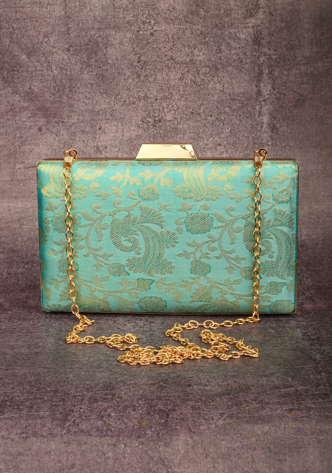 Teal 100% Pure Silk Brocade Kanjivaram Clutch with Jaal Pattern