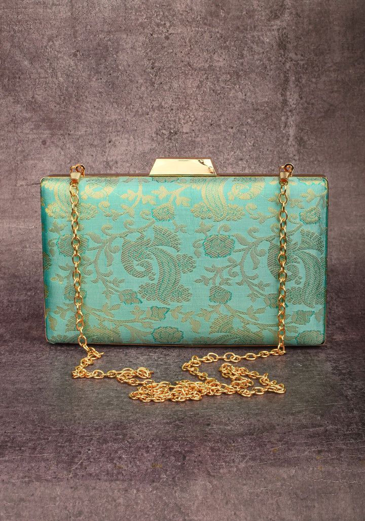 Teal 100% Pure Silk Brocade Kanjivaram Clutch with Jaal Pattern
