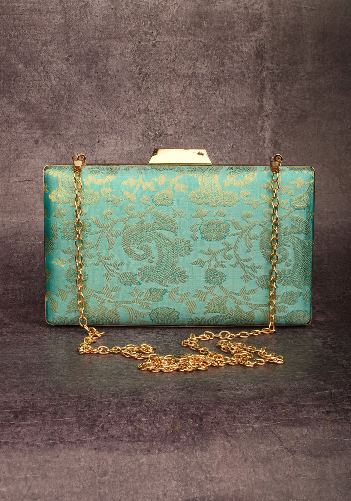 Teal 100% Pure Silk Brocade Kanjivaram Clutch with Jaal Pattern