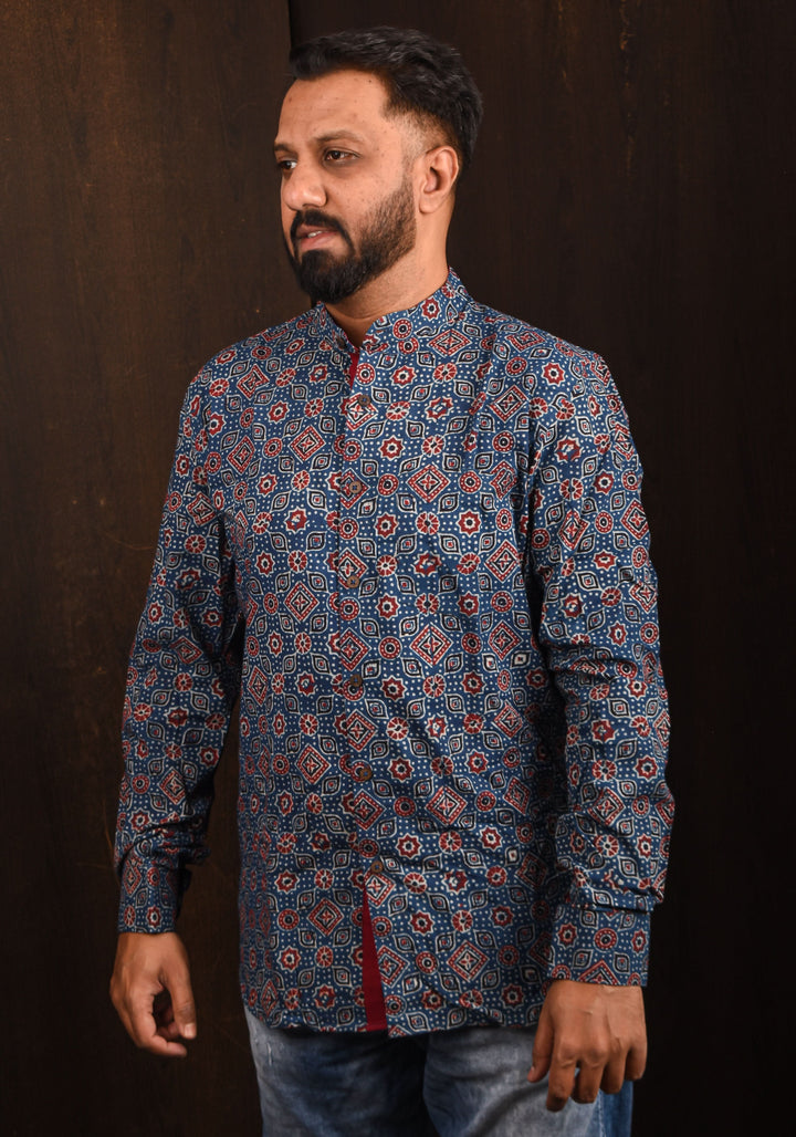 Blue Ajrakh Hand Block print Shirt with Mandarin Collar Full Sleeve Shirt