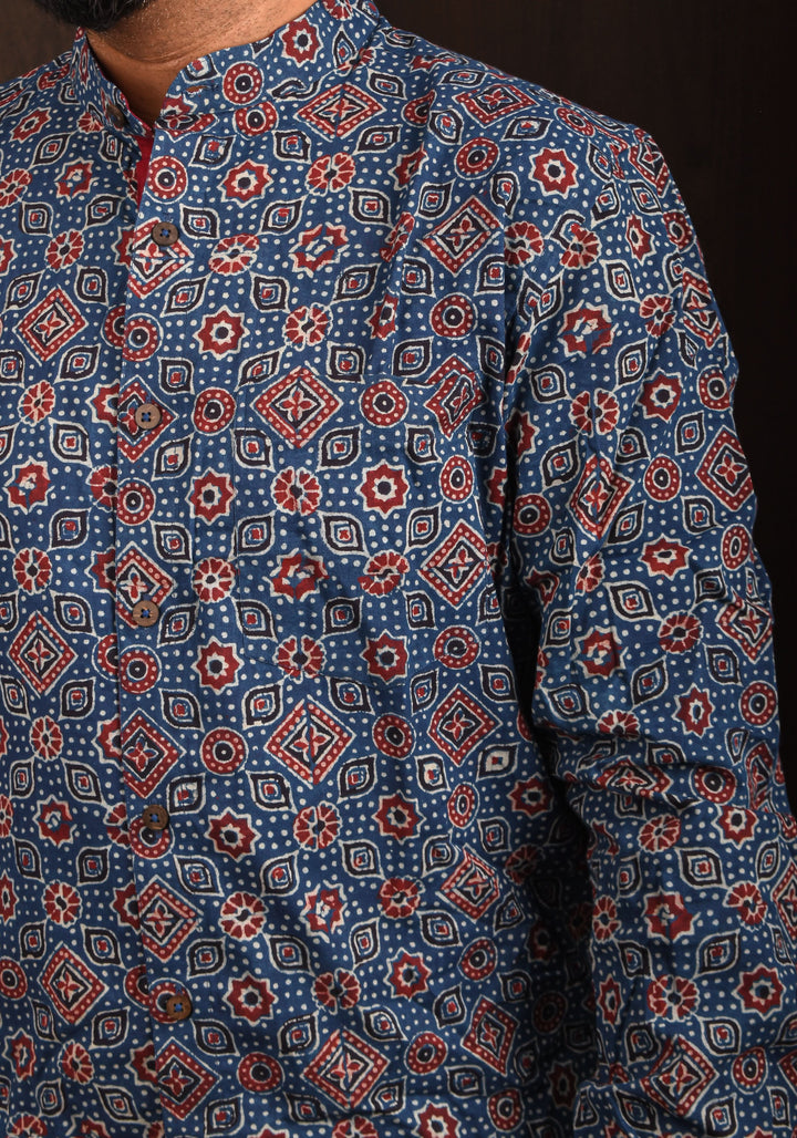 Blue Ajrakh Hand Block print Shirt with Mandarin Collar Full Sleeve Shirt