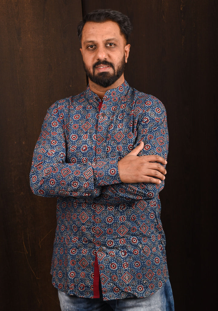 Blue Ajrakh Hand Block print Shirt with Mandarin Collar Full Sleeve Shirt