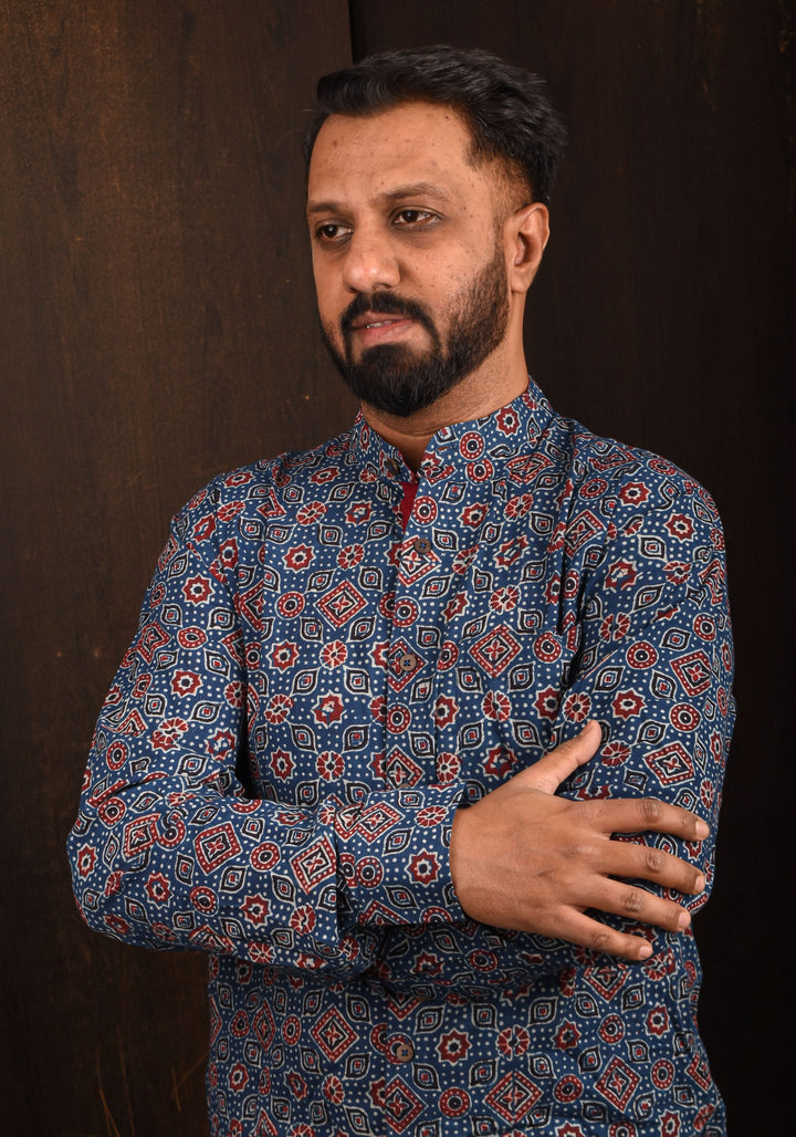 Blue Ajrakh Hand Block print Shirt with Mandarin Collar Full Sleeve Shirt