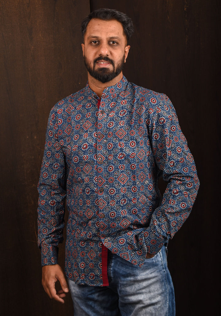 Blue Ajrakh Hand Block print Shirt with Mandarin Collar Full Sleeve Shirt