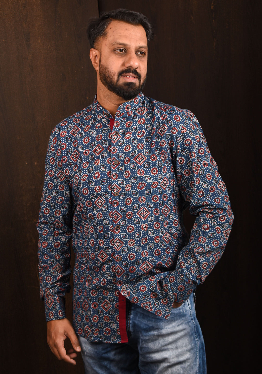 Blue Ajrakh Hand Block print Shirt with Mandarin Collar Full Sleeve Shirt