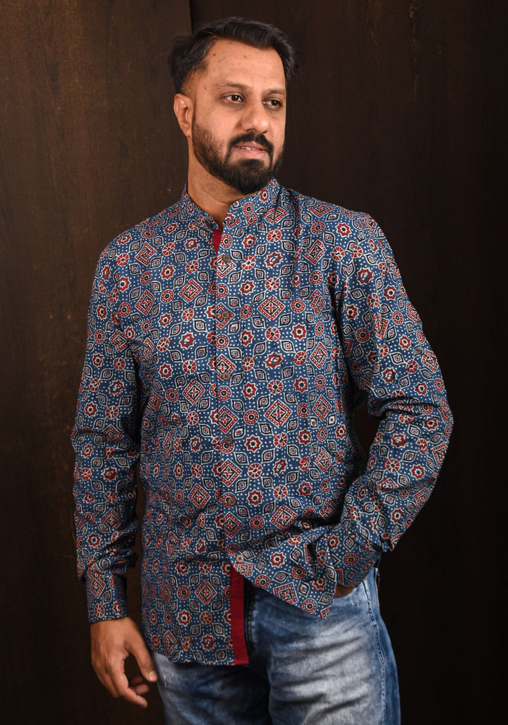 Blue Ajrakh Hand Block print Shirt with Mandarin Collar Full Sleeve Shirt