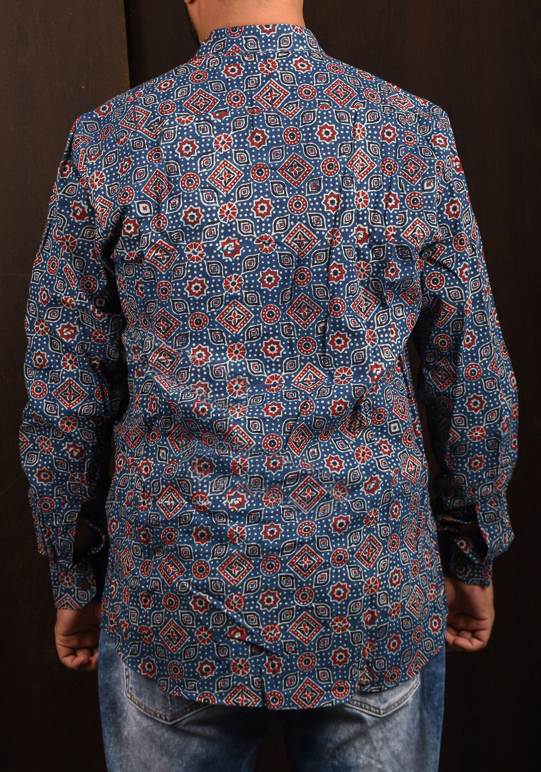 Blue Ajrakh Hand Block print Shirt with Mandarin Collar Full Sleeve Shirt