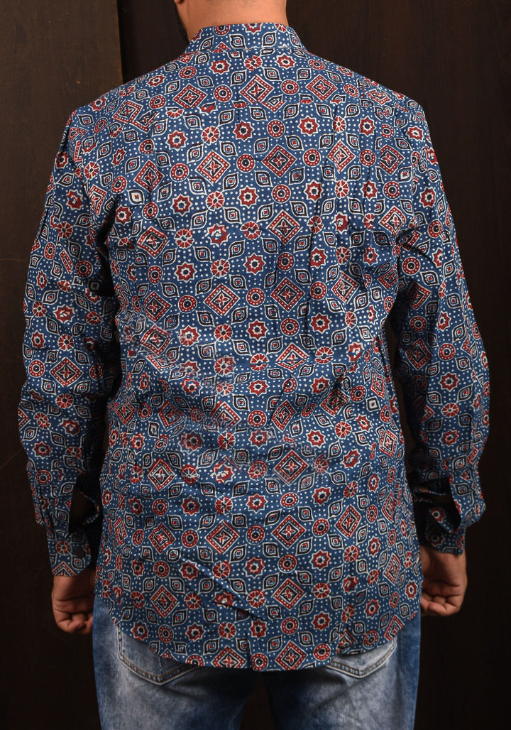 Blue Ajrakh Hand Block print Shirt with Mandarin Collar Full Sleeve Shirt