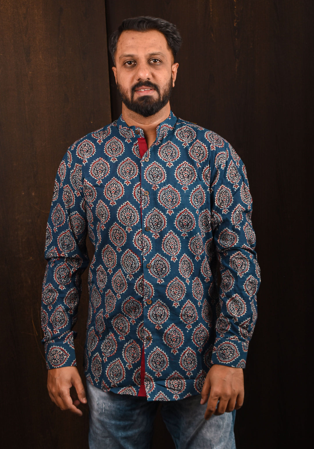 Blue Hand Block print Shirt with Mandarin Collar Full Sleeve Shirt