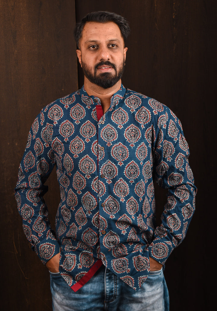 Blue Hand Block print Shirt with Mandarin Collar Full Sleeve Shirt