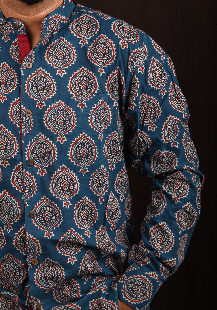 Blue Hand Block print Shirt with Mandarin Collar Full Sleeve Shirt