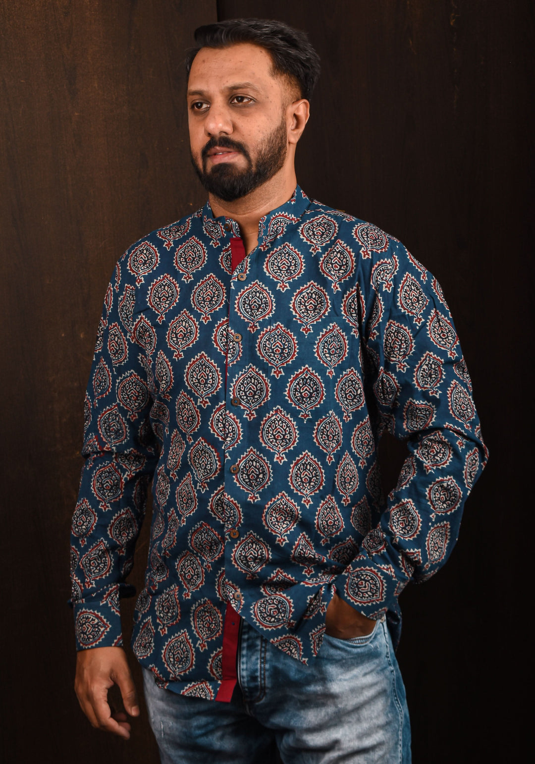 Blue Hand Block print Shirt with Mandarin Collar Full Sleeve Shirt