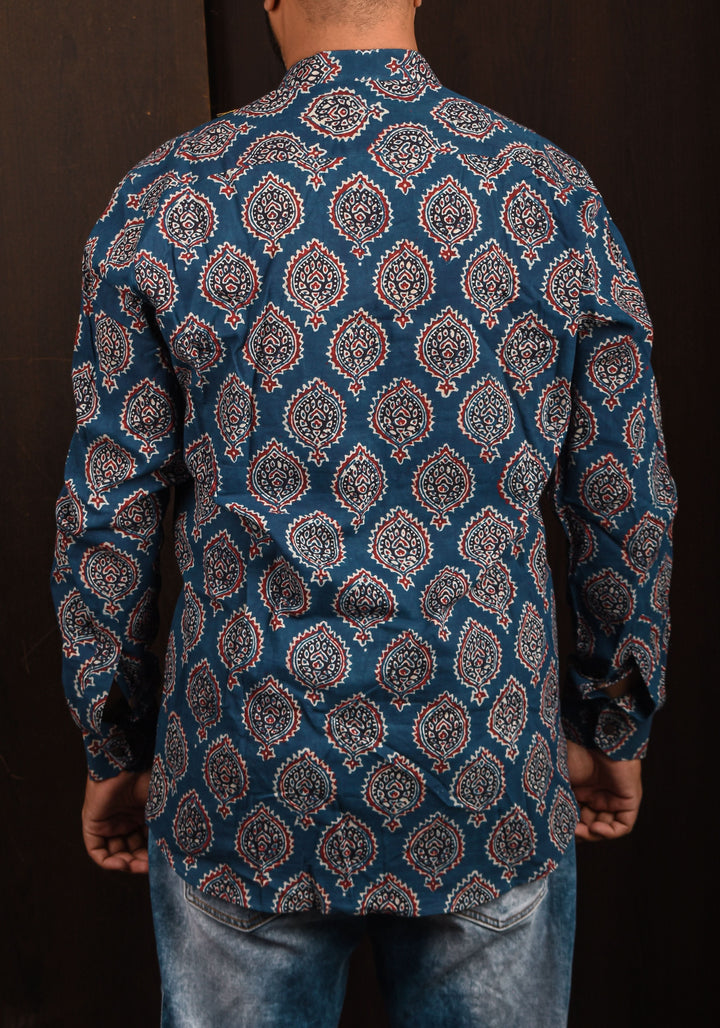 Blue Hand Block print Shirt with Mandarin Collar Full Sleeve Shirt