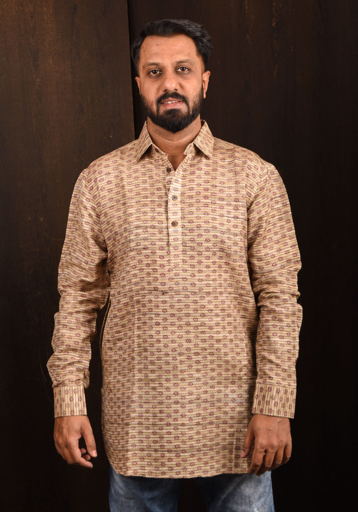 Tussar Silk Shirt in natural Color with Full Sleeve and subtle hand block prints