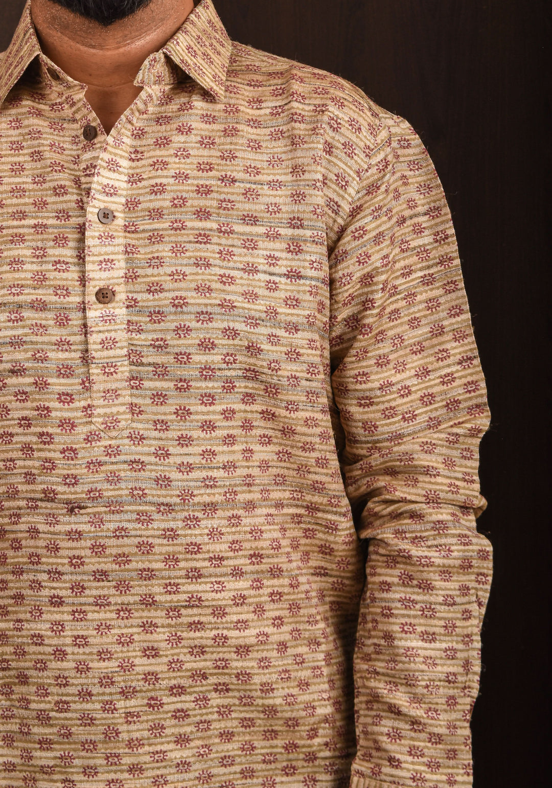 Tussar Silk Shirt in natural Color with Full Sleeve and subtle hand block prints