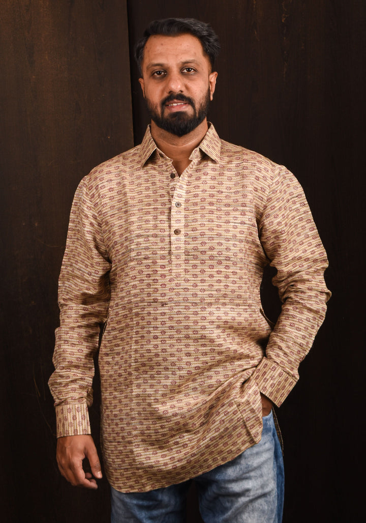 Tussar Silk Shirt in natural Color with Full Sleeve and subtle hand block prints
