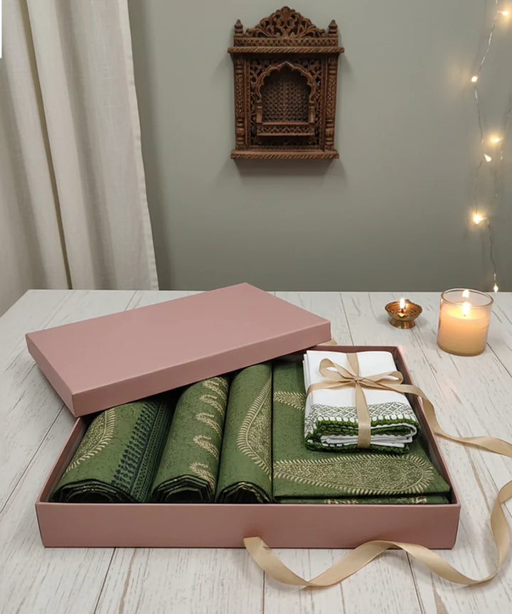 Olive Block Print Table Linen Gift Set | 1 Runner + 6 Mats + 6 Napkins | SHOBITAM