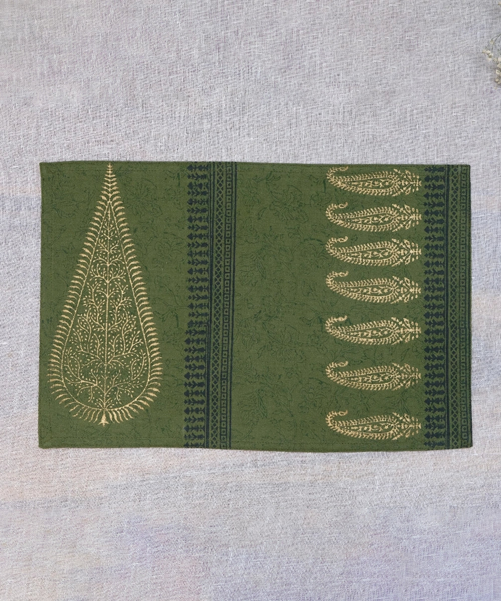 Olive Block Print Table Linen Gift Set | 1 Runner + 6 Mats + 6 Napkins | SHOBITAM