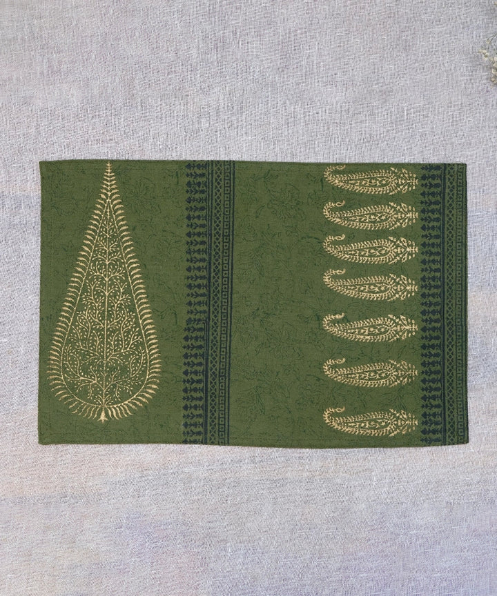 Olive Block Print Table Linen Gift Set | 1 Runner + 6 Mats + 6 Napkins | SHOBITAM