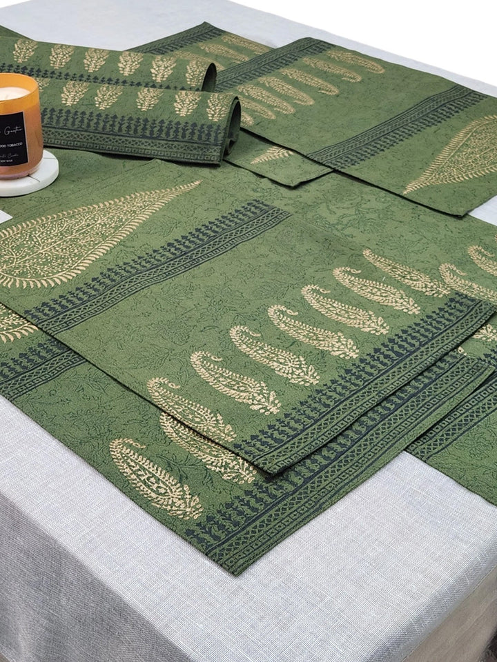 Set of 6 pcs Olive Hand Block Printed Cotton Canvas Table Mats
