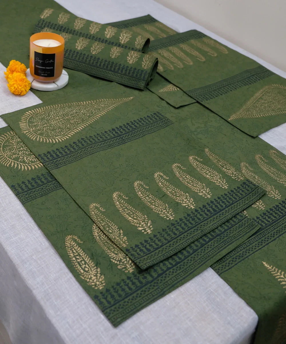 Olive Block Print Table Linen Gift Set | 1 Runner + 6 Mats + 6 Napkins | SHOBITAM
